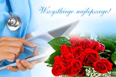 Bukiet czerwonych róż, a w tle napis Wszystkiego Najlepszego