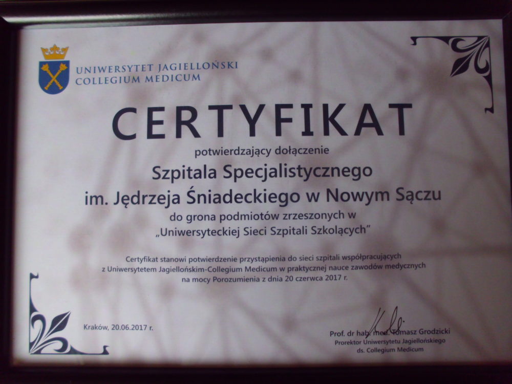 Certyfikat informujący o przynależności Szpitala w  Uniwersyteckiej Sieci Szpitali Szkolących