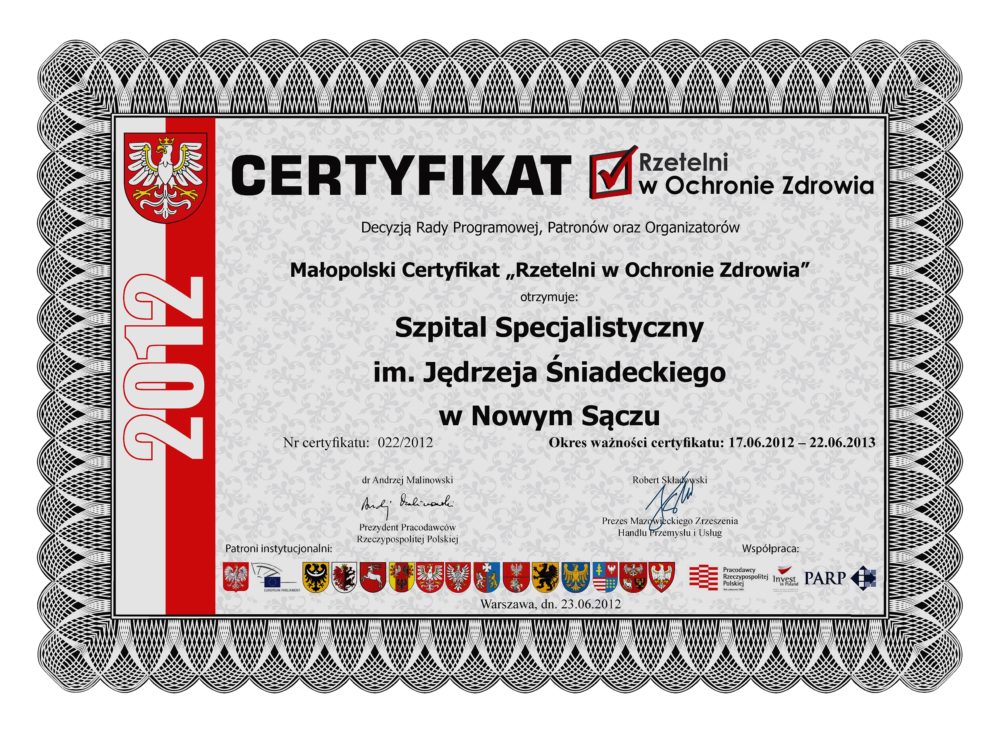 Małopolski certyfikat Rzetelni w Ochronie Zdrowia nadany szpitalowi w latach 2012-2013